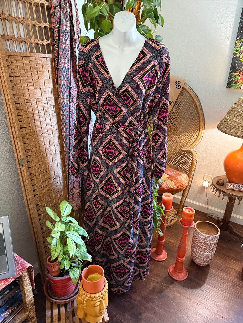 Gibson Latimer Pink and Black Geometric Wrap Maxi Dress